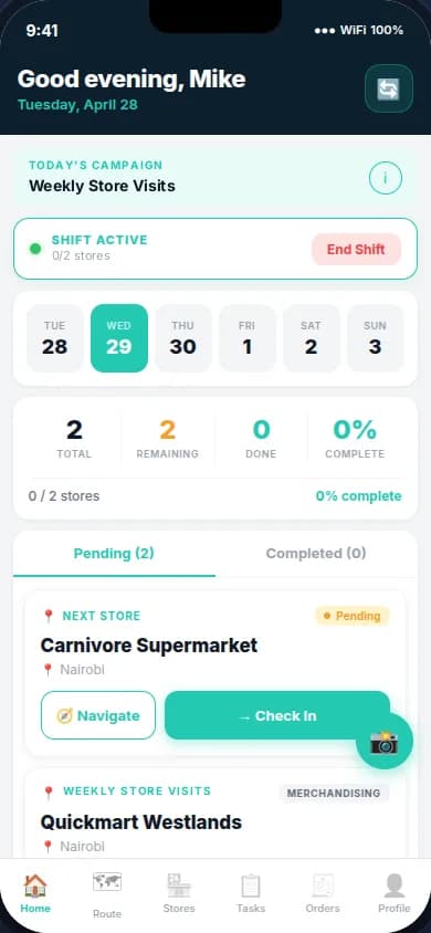 GoRetail Android app showing a field agent's store visits for the day with a Check In button